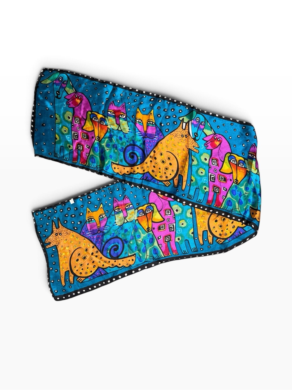Laurel Burch Whimsical Polka Dot Silk Blue Multi-Color Animal Print Scarf